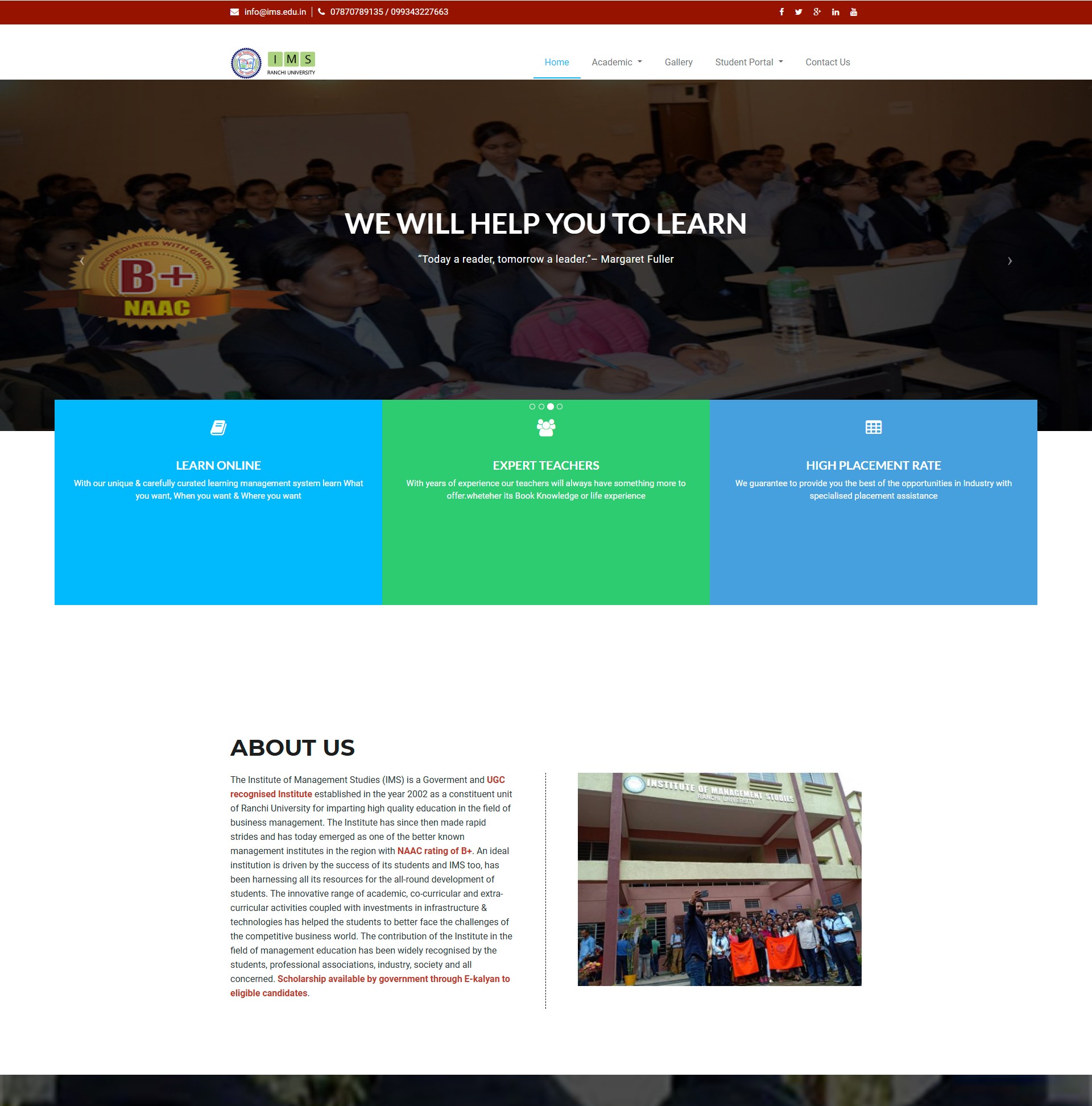 Website and admissions portal and IMS Ranchi